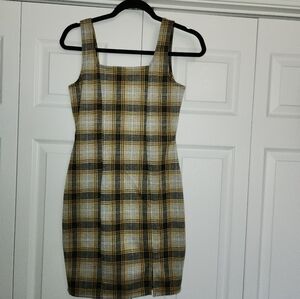 Popular Basics Plaid Dress - Yellow, Gray and Tan Size MEDIUM